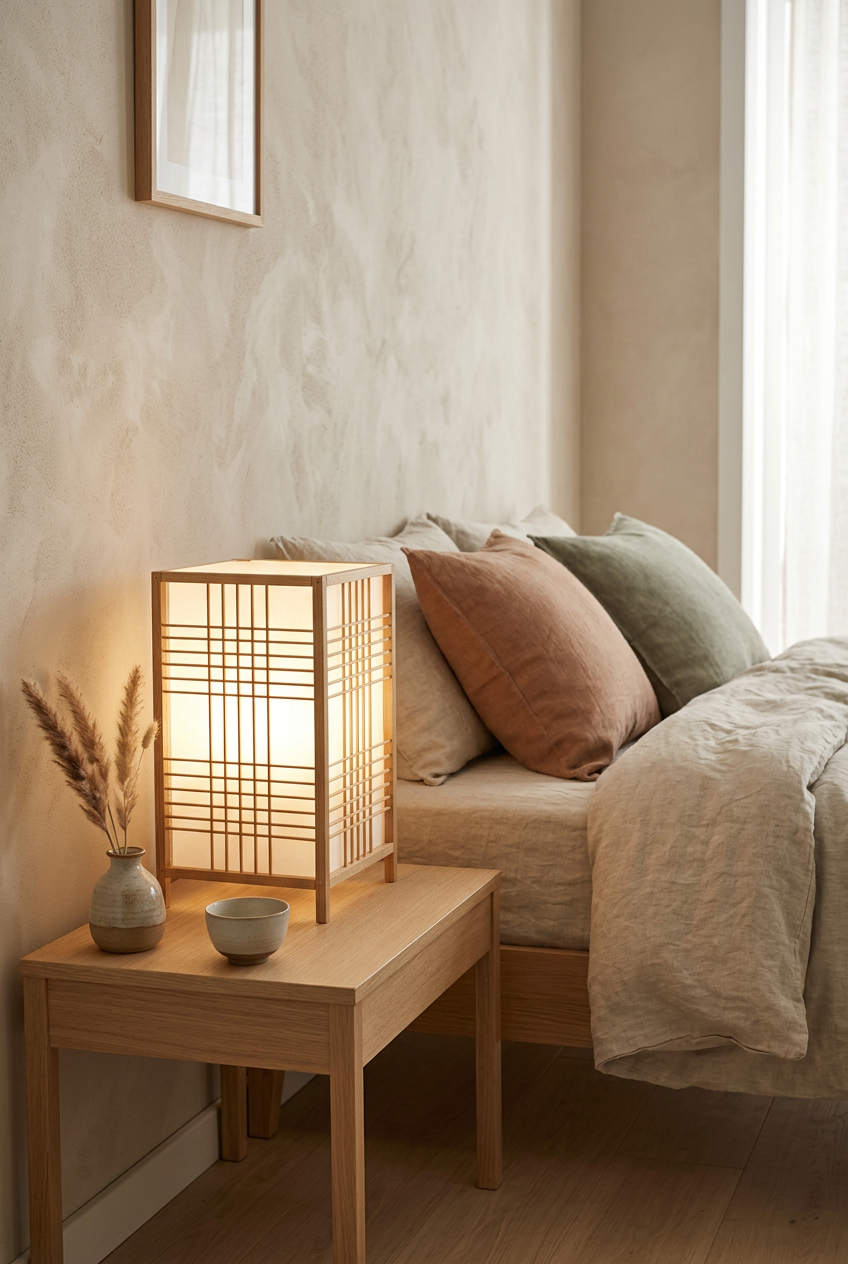 Andon bamboo table lamp on an oak bedside table in a Japandi bedroom