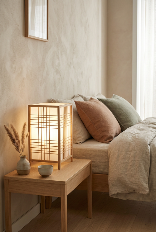 Andon bamboo table lamp on an oak bedside table in a Japandi bedroom