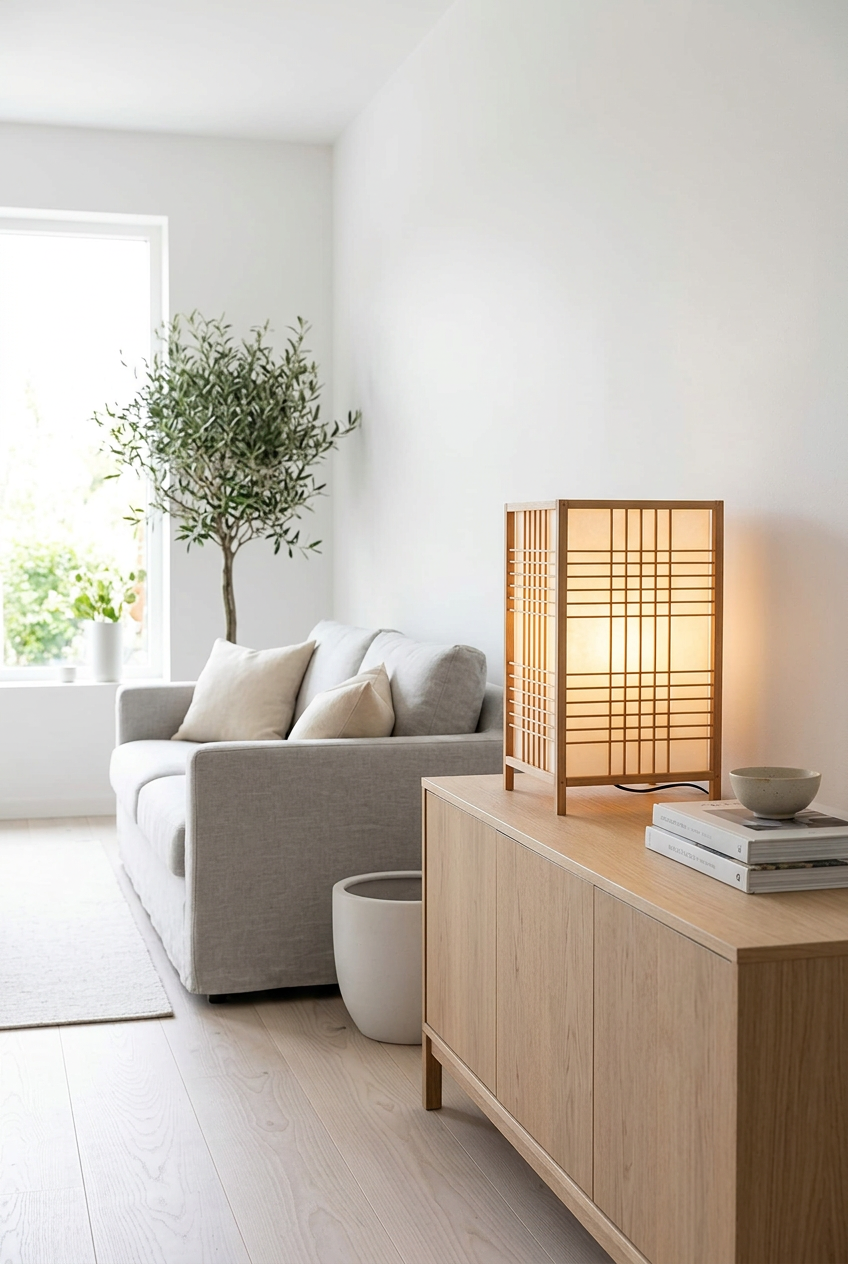 Andon bamboo table lamp on a white oak sideboard in a bright Scandinavian living room