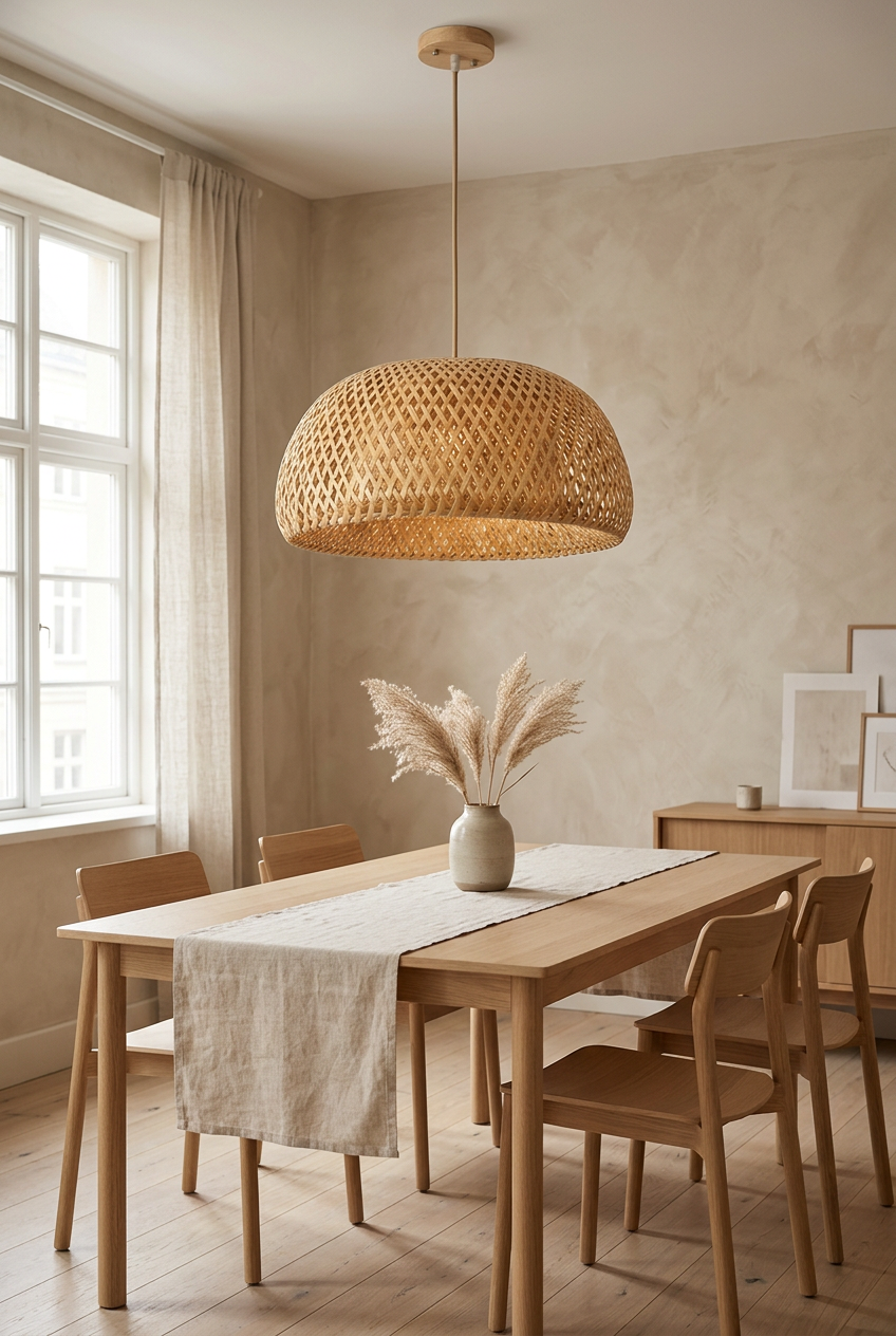 Nido woven bamboo pendant light above an oak dining table in a Japandi dining room