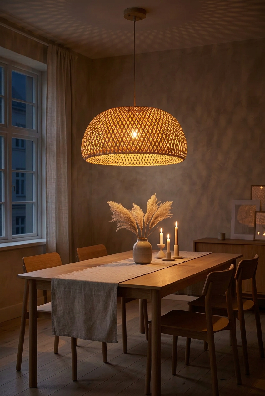 Nido woven bamboo pendant light glowing at night above a dining table, casting soft shadows