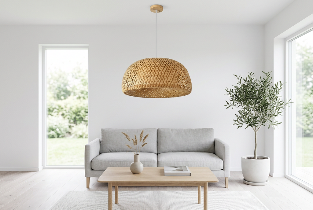 Nido woven bamboo pendant light in a bright Scandinavian living room