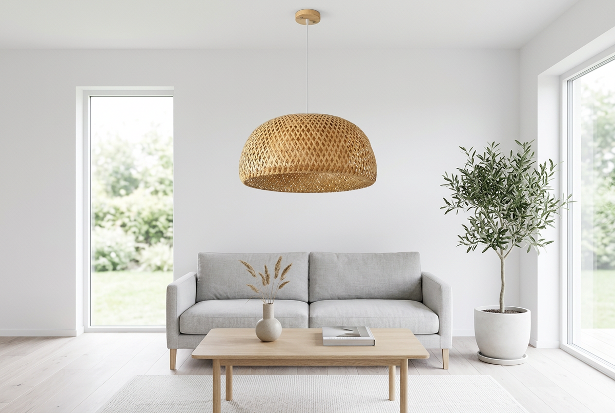 Nido woven bamboo pendant light in a bright Scandinavian living room