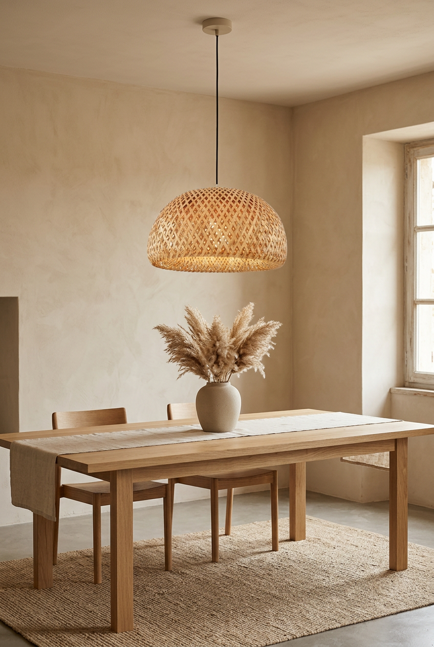 Hana Dome woven bamboo pendant light above an oak dining table in a Japandi dining room