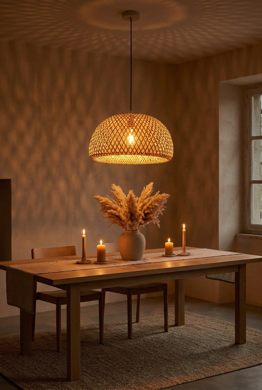 Hana Dome bamboo pendant light glowing at night above a candlelit dining table