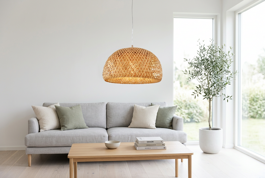 Hana Dome woven bamboo pendant light in a bright Scandinavian living room