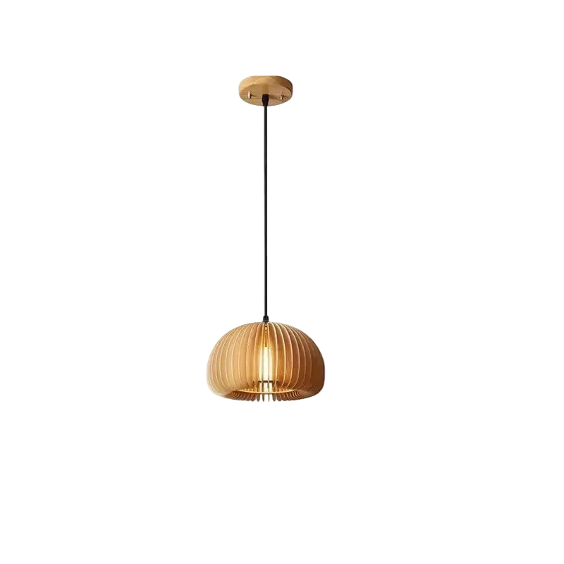 Hana Mini Dome wooden slat pendant light on a white background – Maison Liane