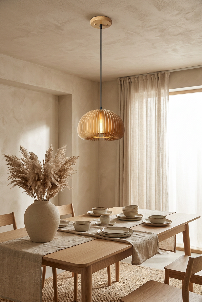 Hana Mini Dome wooden slat pendant light above an oak dining table in a Japandi dining room