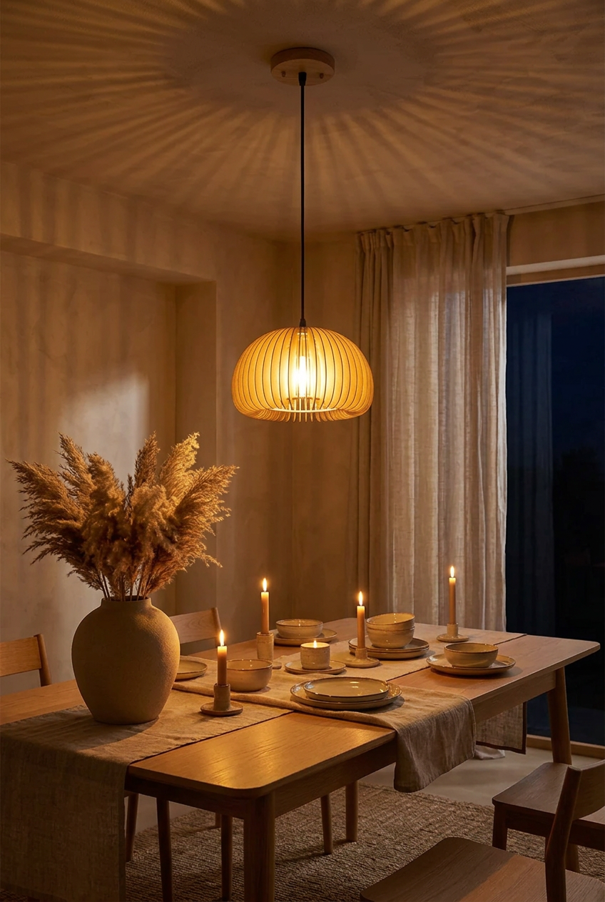Hana Mini Dome wooden pendant light glowing at night above a candlelit dining table