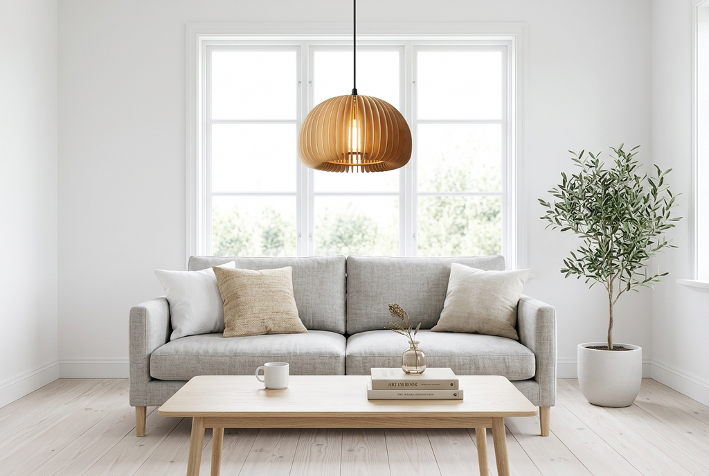 Hana Mini Dome wooden slat pendant light in a bright Scandinavian living room