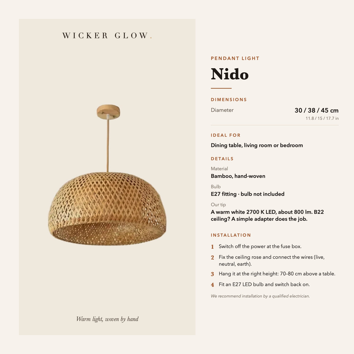 Nido pendant light dimensions and installation guide – Maison Liane