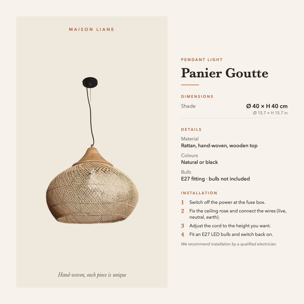 Panier Goutte pendant light dimensions and installation guide – Maison Liane