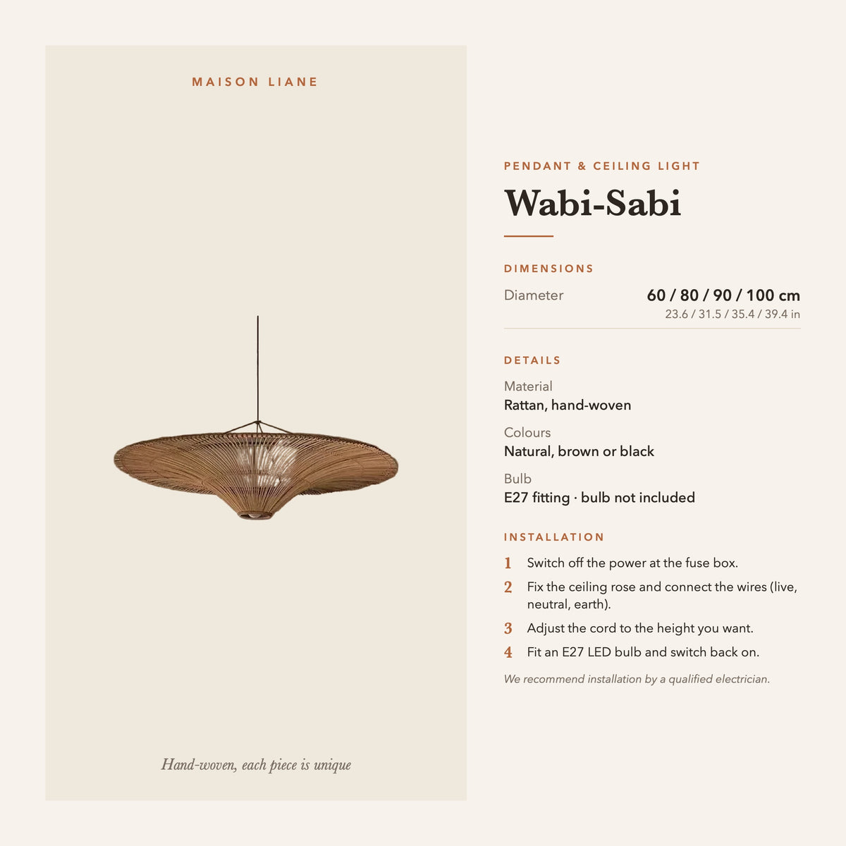 Wabi-Sabi pendant light dimensions and installation guide – Maison Liane