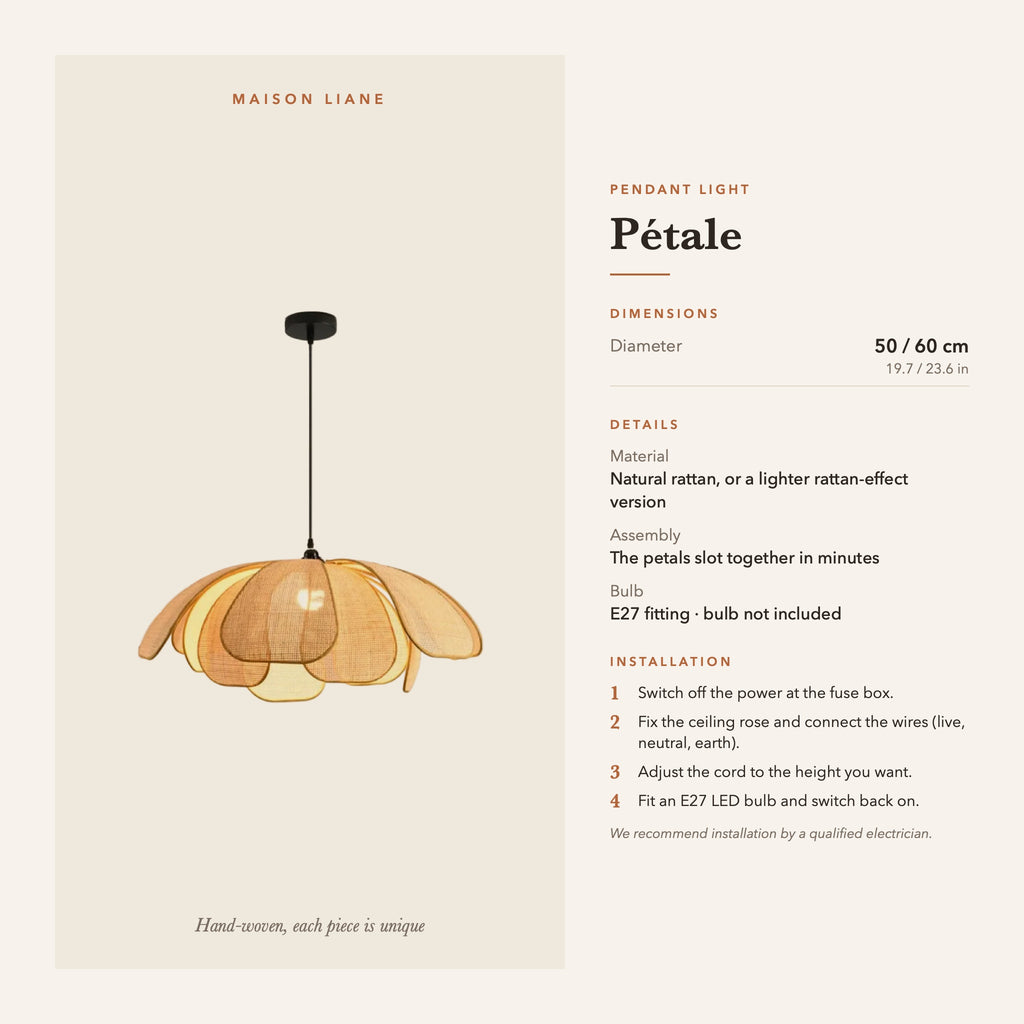 Petale pendant light dimensions and installation guide – Maison Liane