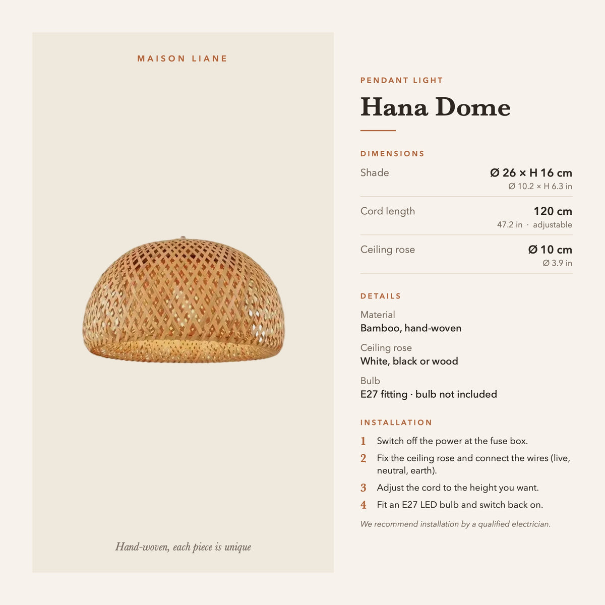 Hana Dome pendant light dimensions and installation guide – Maison Liane