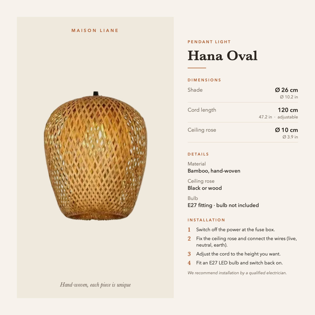 Hana Oval pendant light dimensions and installation guide – Maison Liane