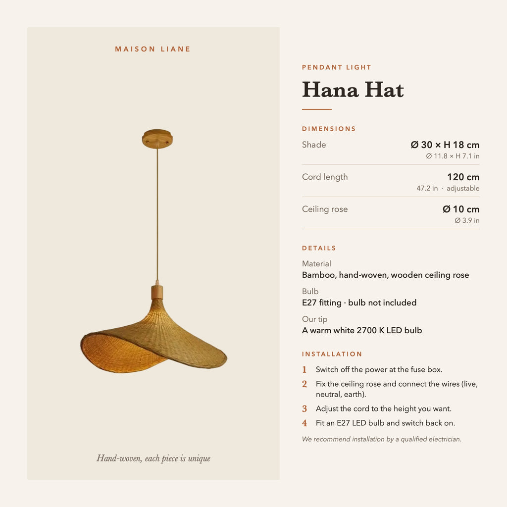 Hana Hat pendant light dimensions and installation guide – Maison Liane
