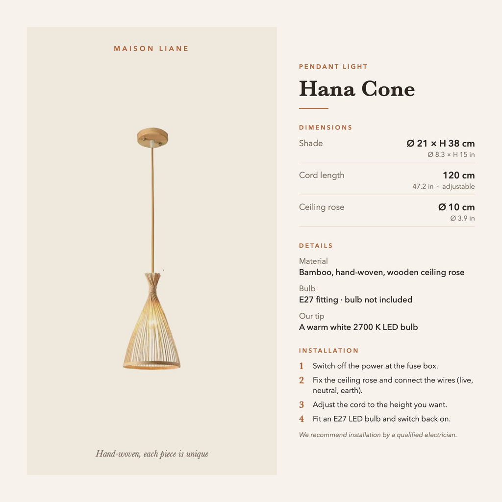 Hana Cone pendant light dimensions and installation guide – Maison Liane