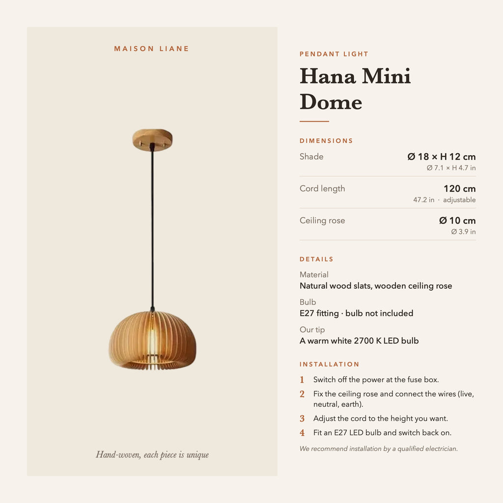 Hana Mini Dome pendant light dimensions and installation guide – Maison Liane