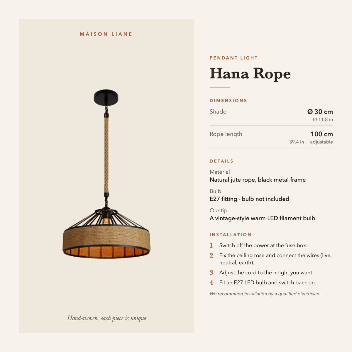 Hana Rope pendant light dimensions and installation guide – Maison Liane
