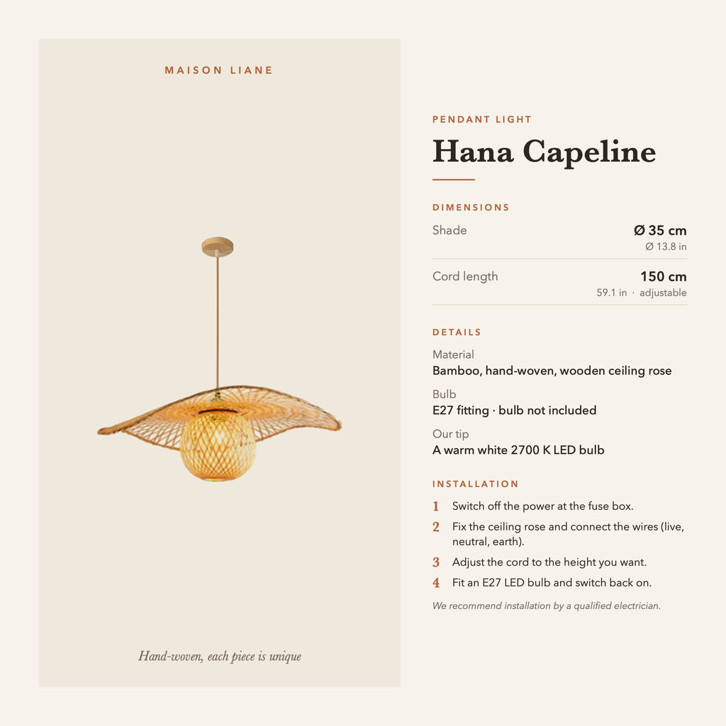 Hana Capeline pendant light dimensions and installation guide – Maison Liane