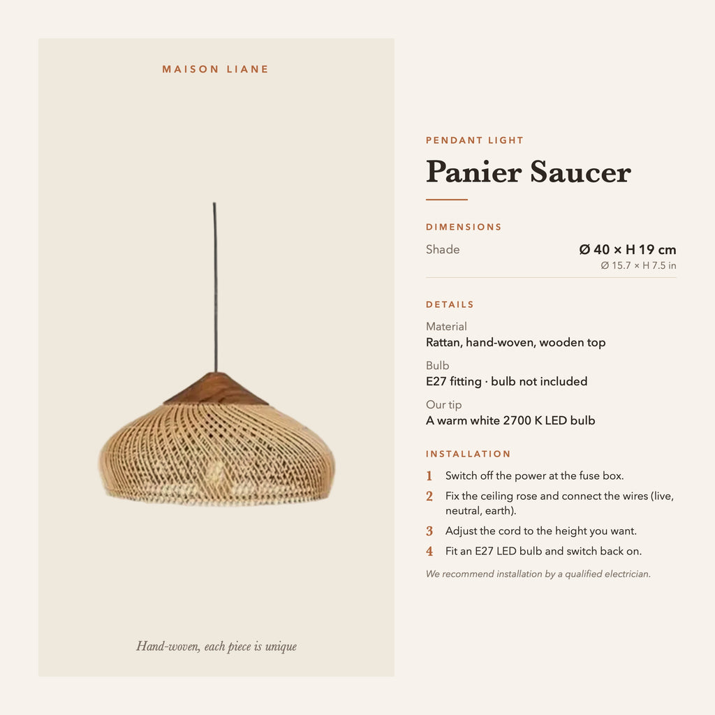 Panier Saucer pendant light dimensions and installation guide – Maison Liane